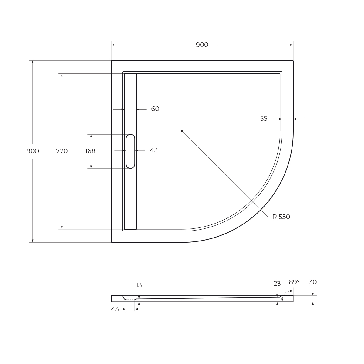 Поддон литой из искусственного мрамора, радиальный. TRAY-AS-R-90-30-W 900x900x30 Cezares