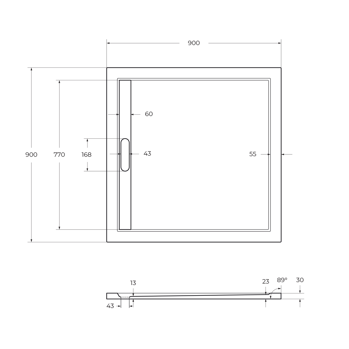 Поддон литой из искусственного мрамора, квадратный. TRAY-AS-A-90-30-W 900x900x30 Cezares