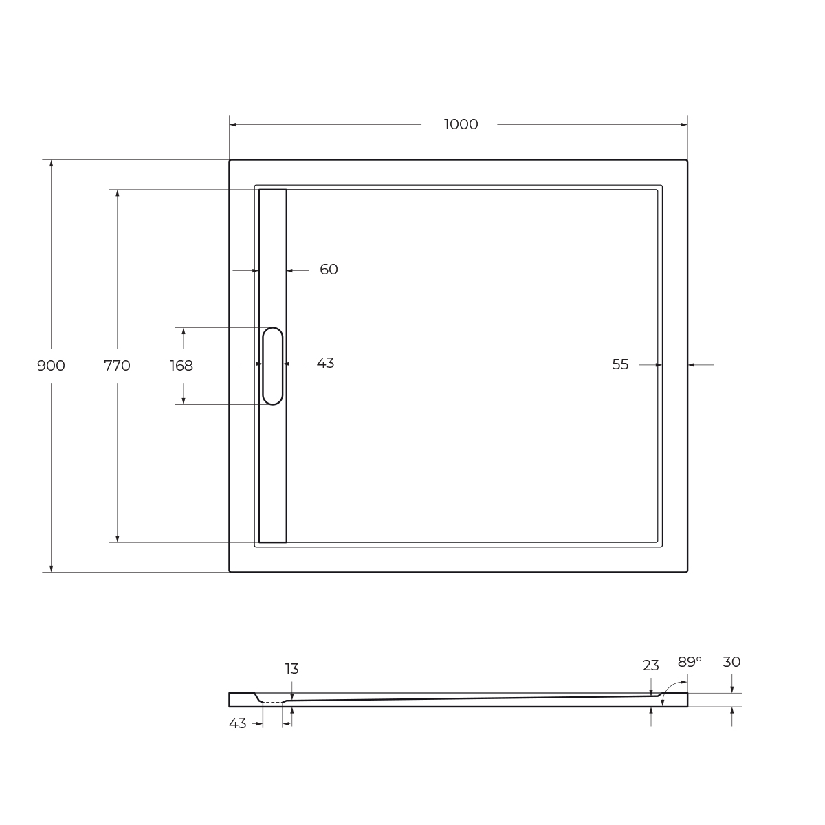 Поддон литой из искусственного мрамора, прямоугольный TRAY-AS-AH-100/90-30-W 1000x900x30 Cezares