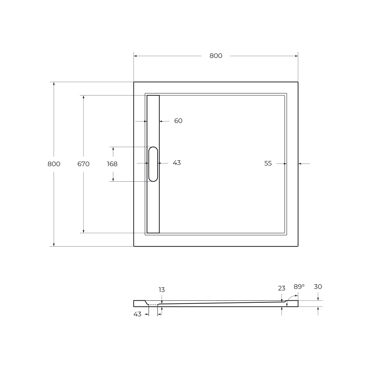 Поддон литой из искусственного мрамора, квадратный. TRAY-AS-A-80-30-W 800x800x30 Cezares